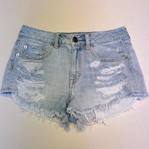 American Eagle Light Wash Distressed High Waisted Denim Festival Shorts-…